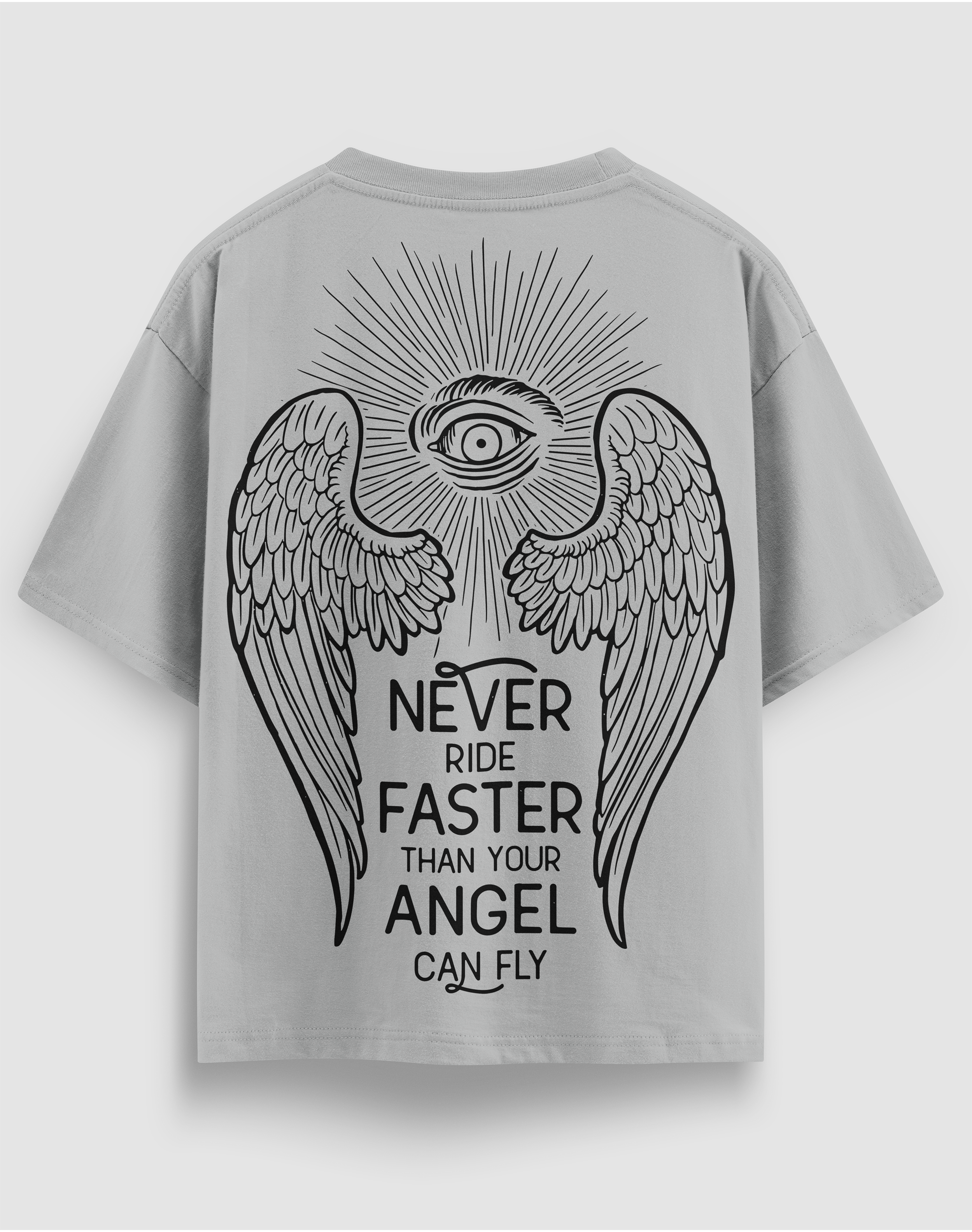 Angel Can Fly baskılı motorcu tişört, gri, arkadan görünüm, sırtta kanatlar ve Never Ride Faster Than Your Angel Can Fly yazısı