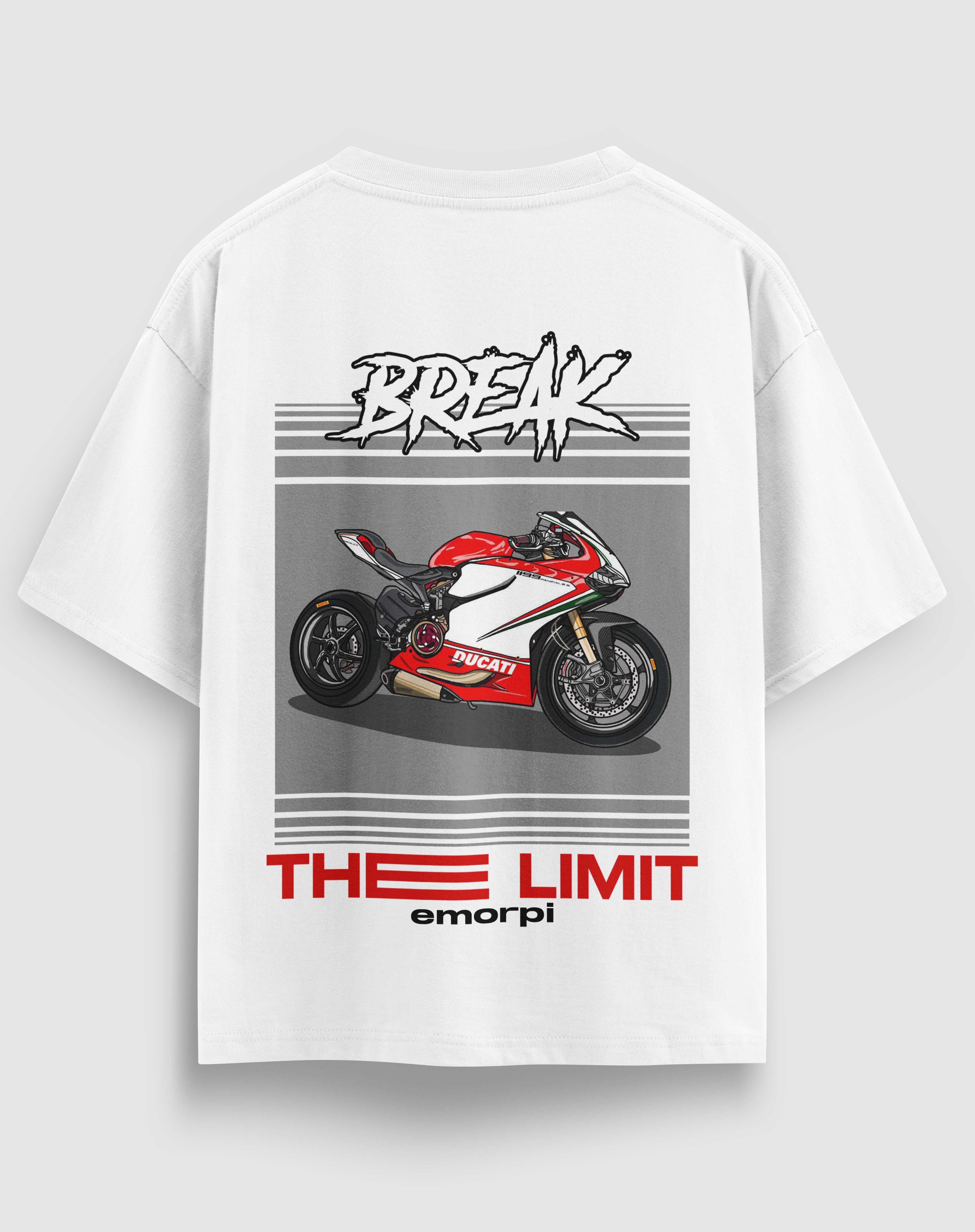 Break The Limit baskılı motorcu tişört, beyaz, arkadan görünüm. Ducati çizimli BREAK THE LIMIT sırt baskısı