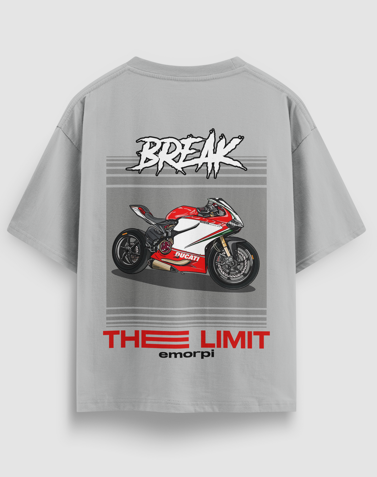 Break The Limit baskılı motorcu tişört, gri, arkadan görünüm. Ducati çizimli BREAK THE LIMIT sırt baskısı