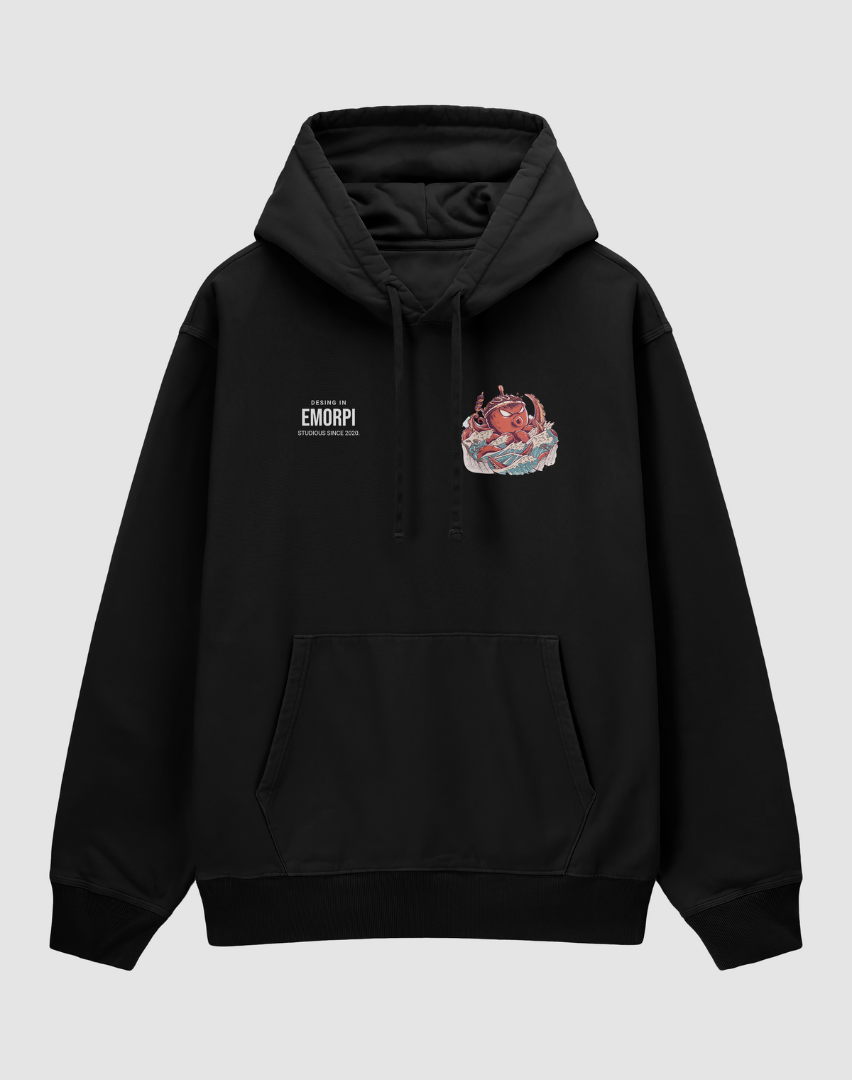 BY EMORPİ Ahtapot baskılı oversize hoodie, siyah, önden görünüm