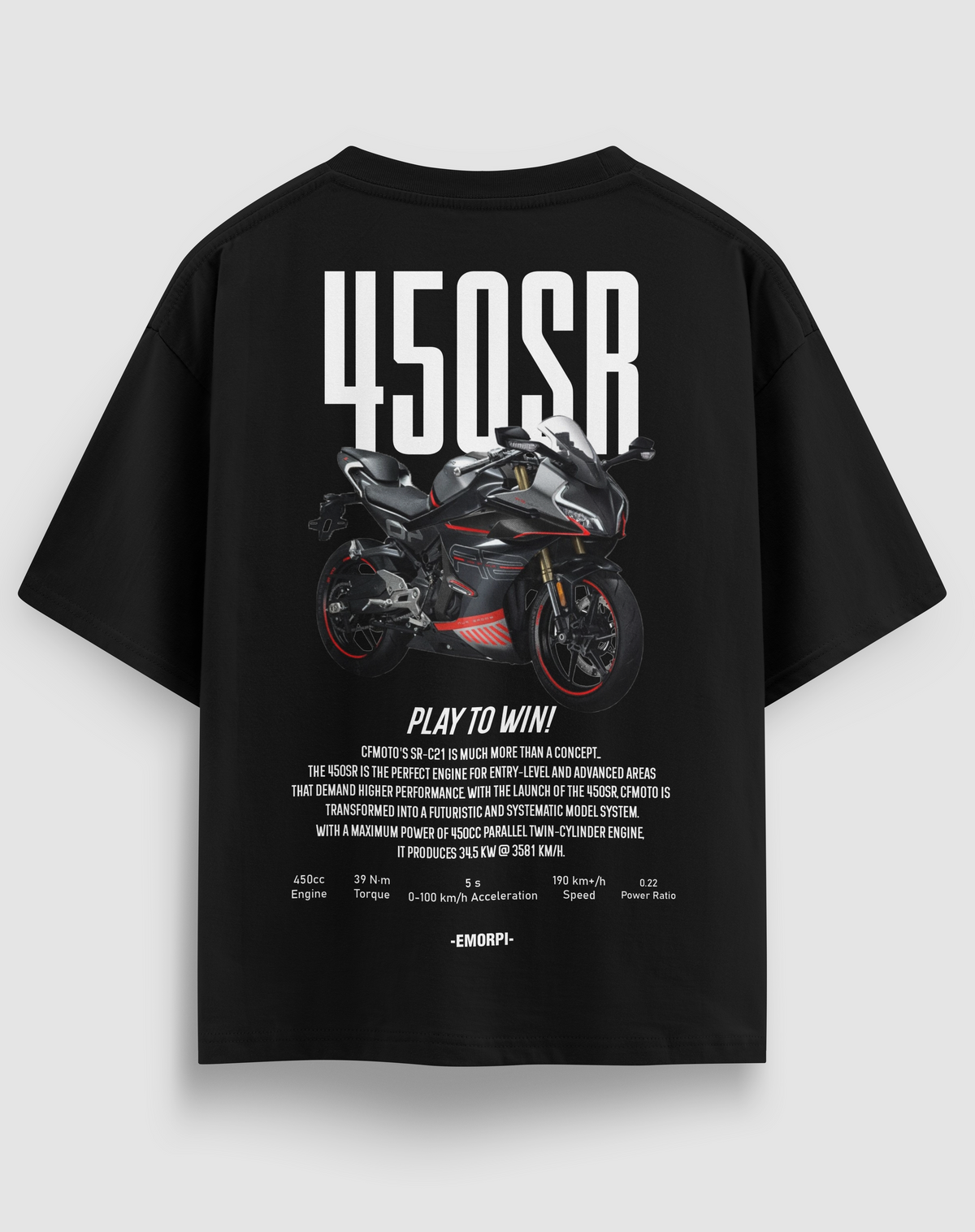 CF-450SR baskılı motorcu tişört, siyah, arkadan görünüm. CFMoto 450SR çizimli sırt baskısı