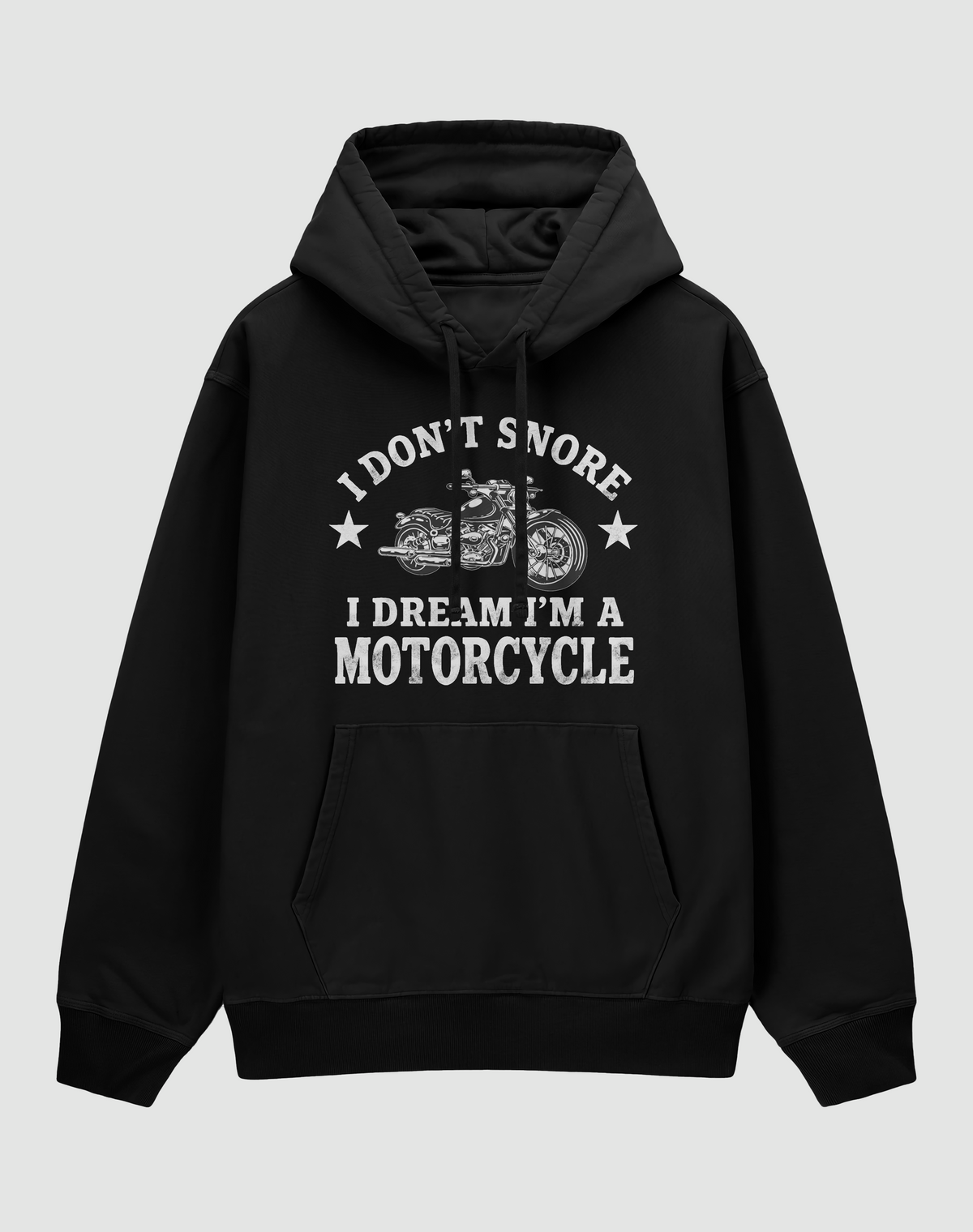 Dream I am Motorcycle baskılı oversize hoodie, siyah, önden görünüm. Önde motosiklet çizimi ve I DON'T SNORE, I DREAM I'M A MOTORCYCLE yazısı