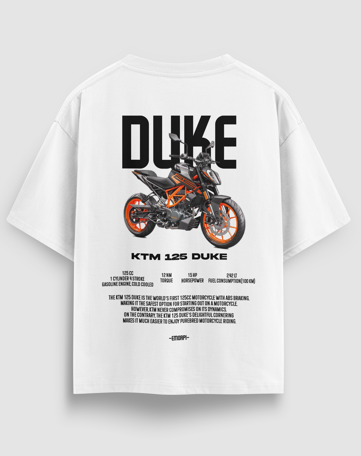 KTM 125 Duke baskılı motorcu tişört, beyaz, arkadan görünüm. KTM 125 Duke çizimli renkli sırt baskısı