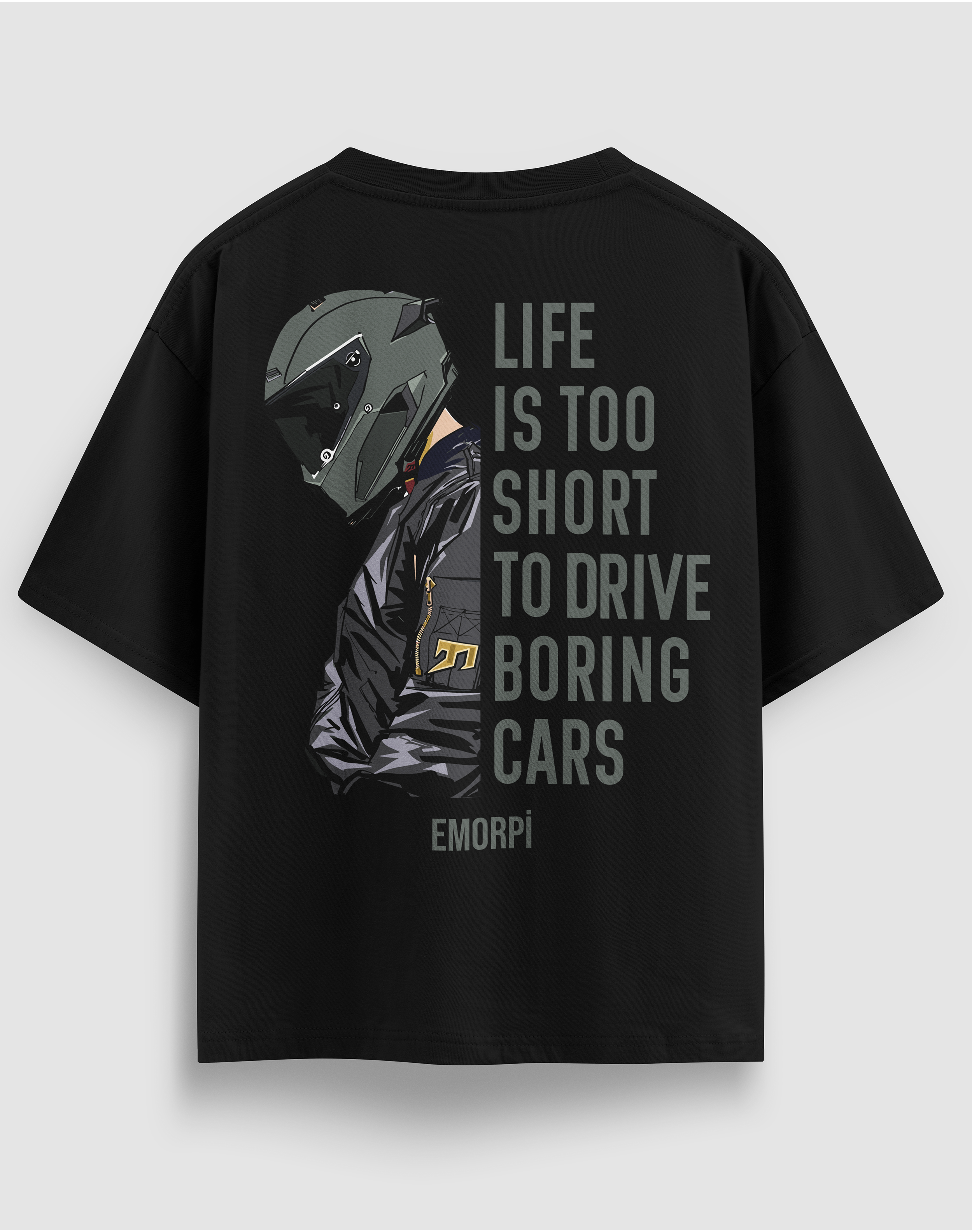 Life is Too Short baskılı motorcu tişört, siyah, arkadan görünüm, sırtta kasklı sürücü ve Life is Too Short to Drive Boring Cars yazısı