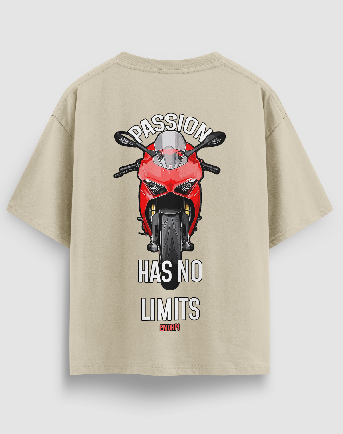 Passion Has No Limits baskılı motorcu tişört, bej, arkadan görünüm. Önden kırmızı motosiklet ve PASSION HAS NO LIMITS sırt baskısı