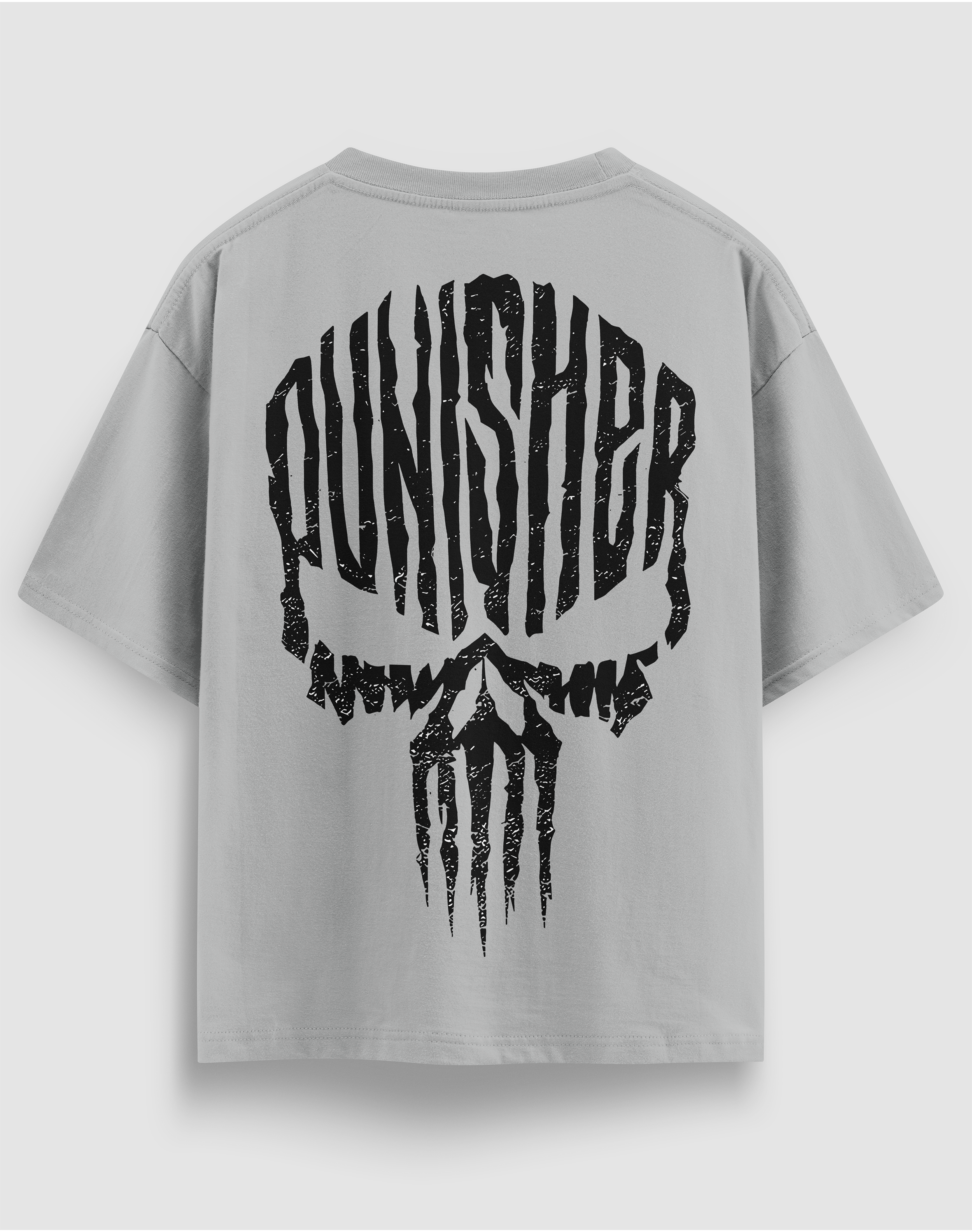 Punisher tasarım baskılı motorcu tişört, gri, arkadan görünüm, sırtta Punisher kurukafa baskısı
