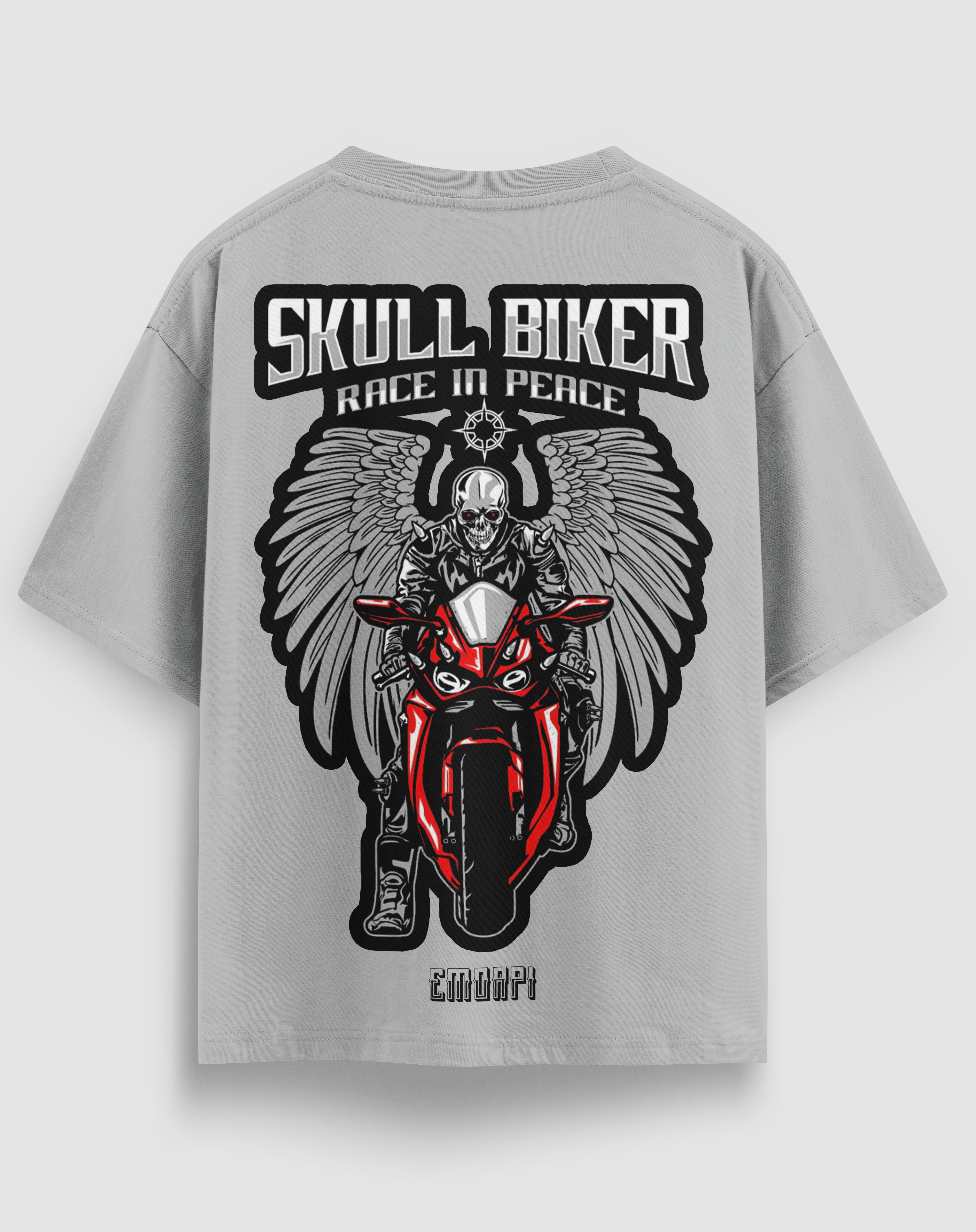 Skull Biker baskılı motorcu tişört, gri, arkadan görünüm. Kanatlı kurukafa sürücü ve SKULL BIKER sırt baskısı