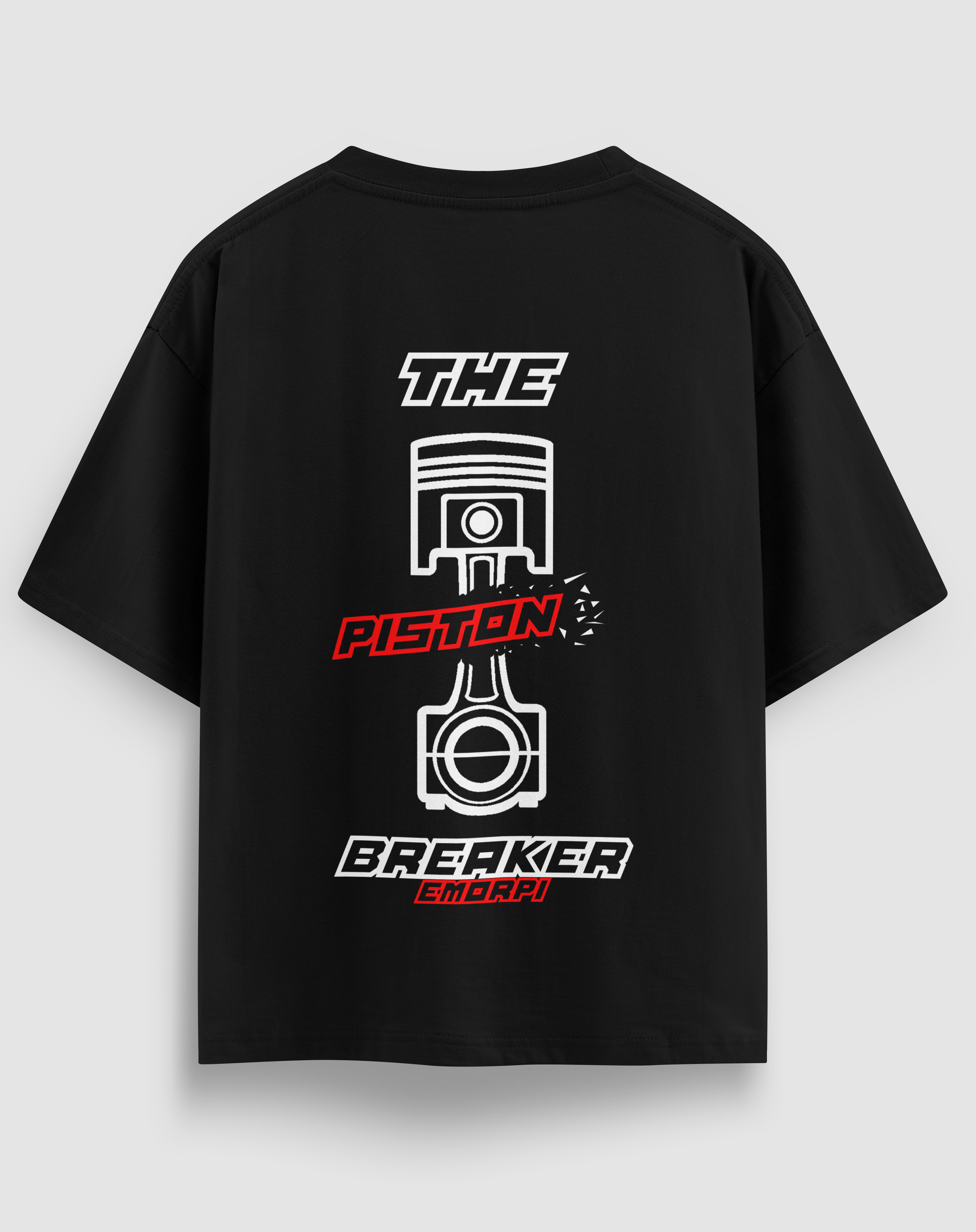 The Piston Breaker baskılı motorcu tişört, siyah, arkadan görünüm. THE PISTON BREAKER yazılı piston sırt baskısı, önde küçük logo