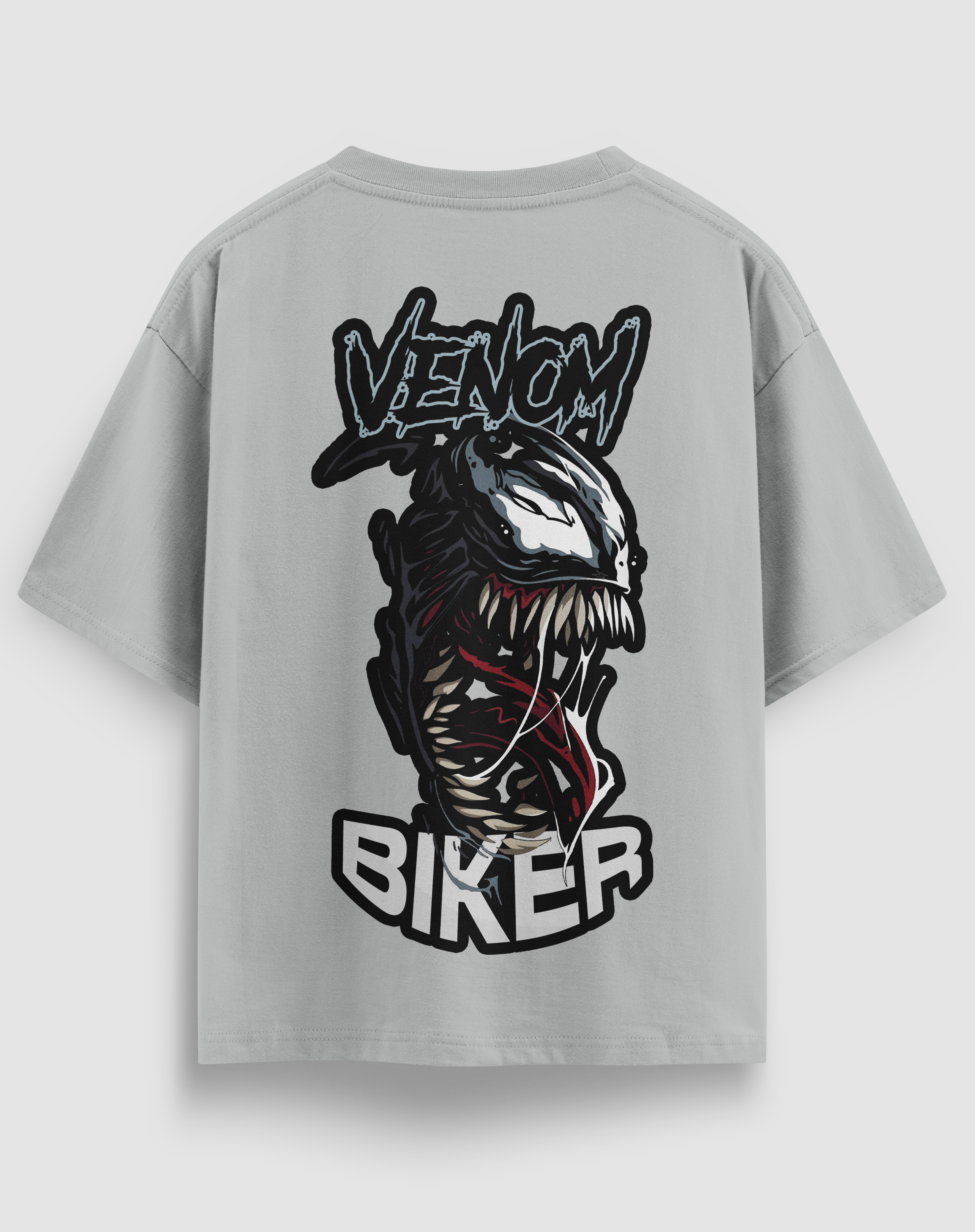 Venom Biker baskılı motorcu tişört, gri, arkadan görünüm. Venom yüzü ve VENOM BIKER sırt baskısı, önde küçük amblem