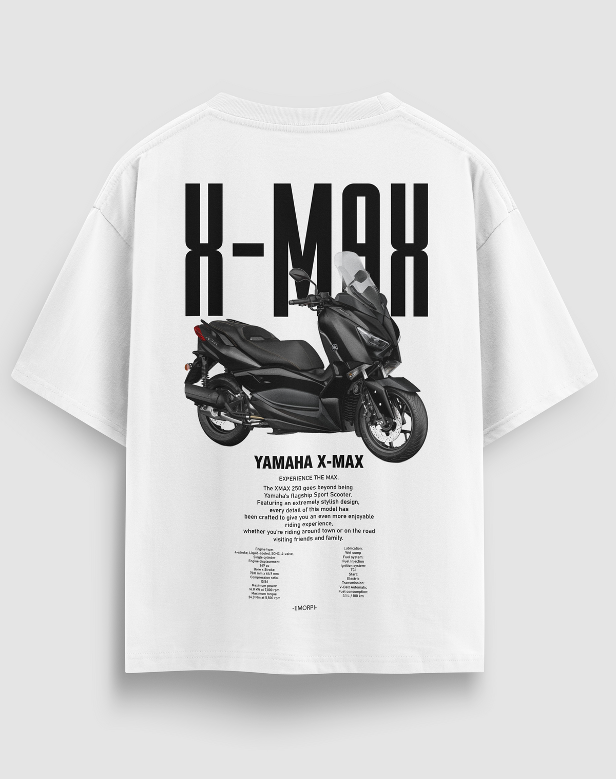 X-Max baskılı motorcu tişört, beyaz, arkadan görünüm. Yamaha X-Max çizimli sırt baskısı