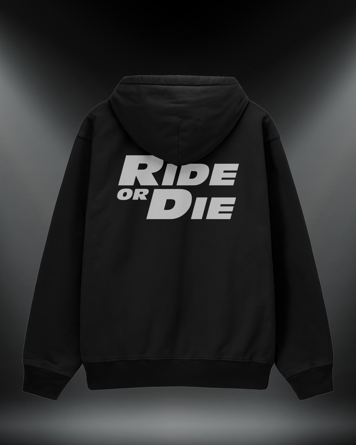 Ride Or Die reflektörlü oversize motorcu hoodie, siyah, sırt baskısı