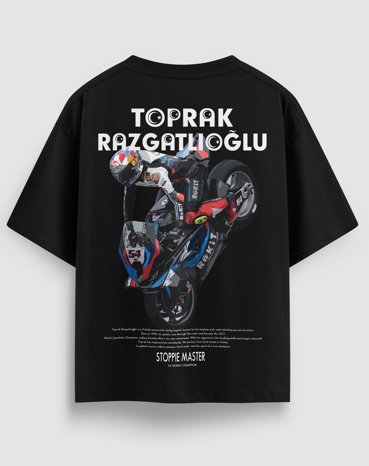 Toprak Razgatlıoğlu baskılı motorcu tişört, siyah, arkadan görünüm. Stoppie yapan Toprak görseli ve STOPPIE MASTER sırt baskısı