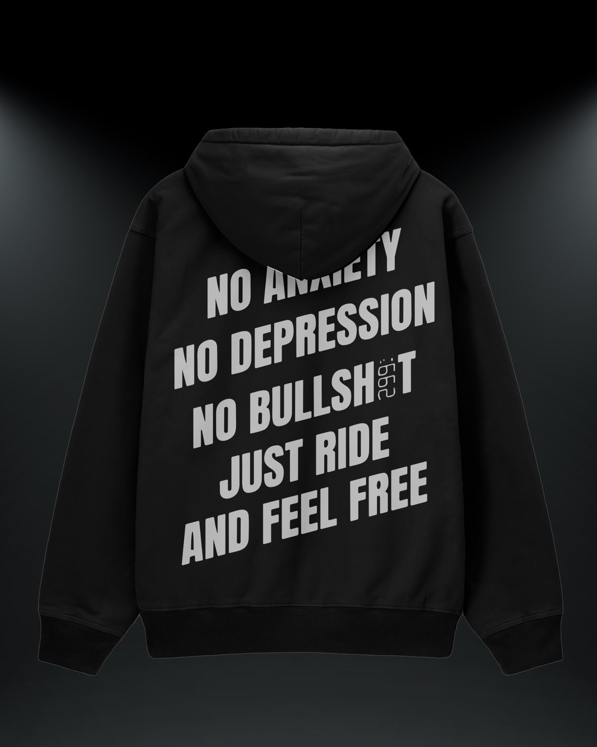 299 baskılı reflektörlü oversize motorcu hoodie, siyah, sırtta Just Ride and Feel Free yazısı