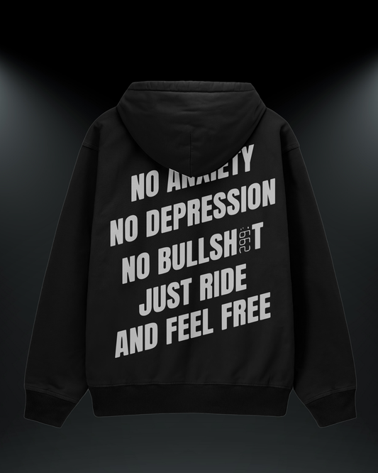 299 baskılı reflektörlü oversize motorcu hoodie, siyah, sırtta Just Ride and Feel Free yazısı