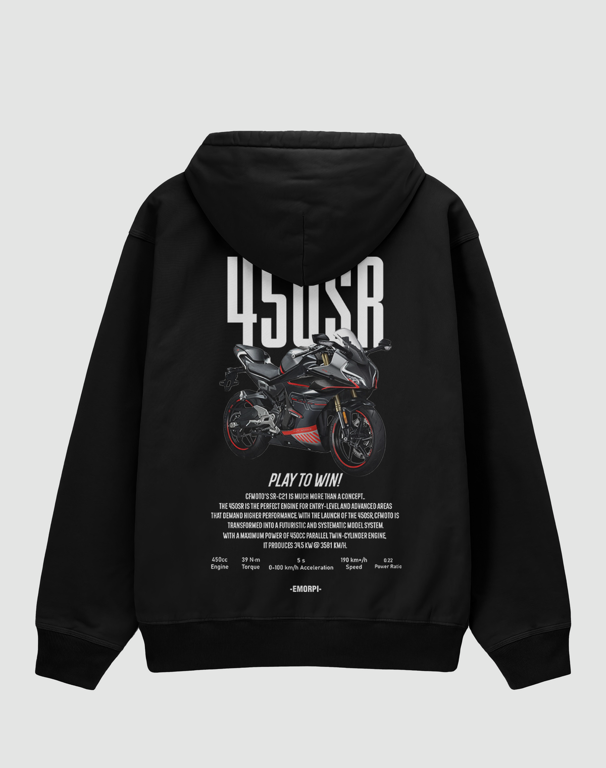 450SR baskılı oversize motorcu hoodie, siyah, arkadan görünüm. CFMoto 450SR çizimli sırt baskısı
