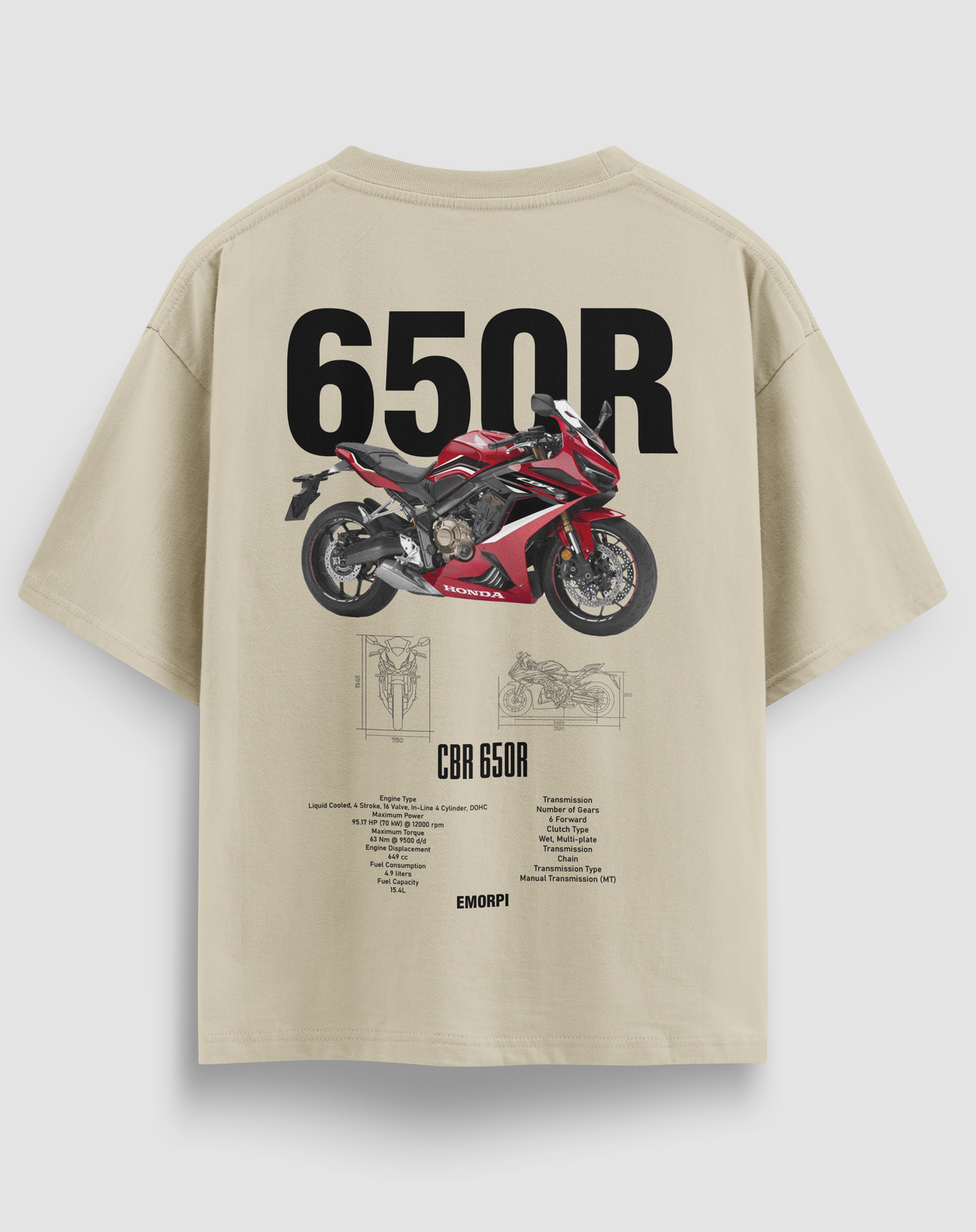 650R baskılı motorcu tişört, bej, arkadan görünüm. Honda CBR650R çizimli sırt baskısı