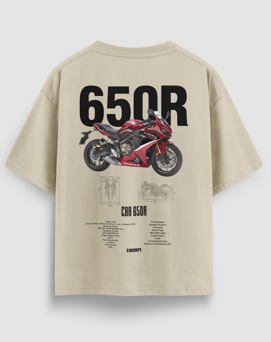650R baskılı motorcu tişört, bej, arkadan görünüm. Honda CBR650R çizimli sırt baskısı