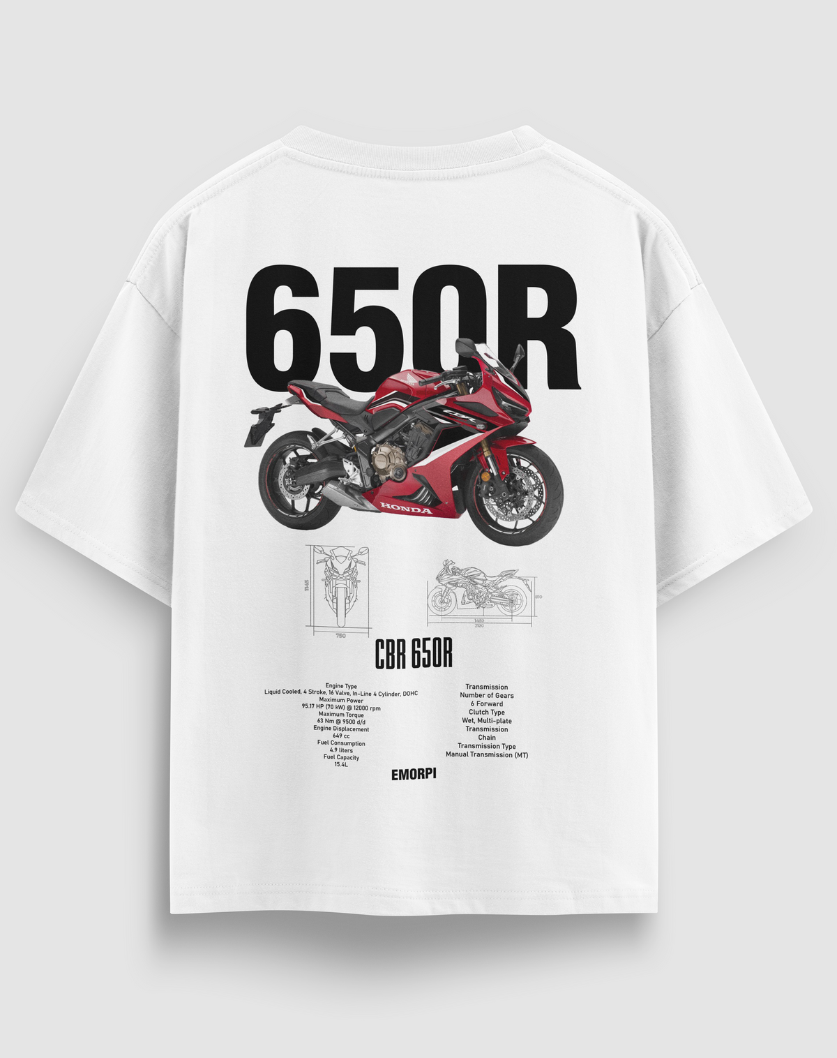 650R baskılı motorcu tişört, beyaz, arkadan görünüm. Honda CBR650R çizimli sırt baskısı