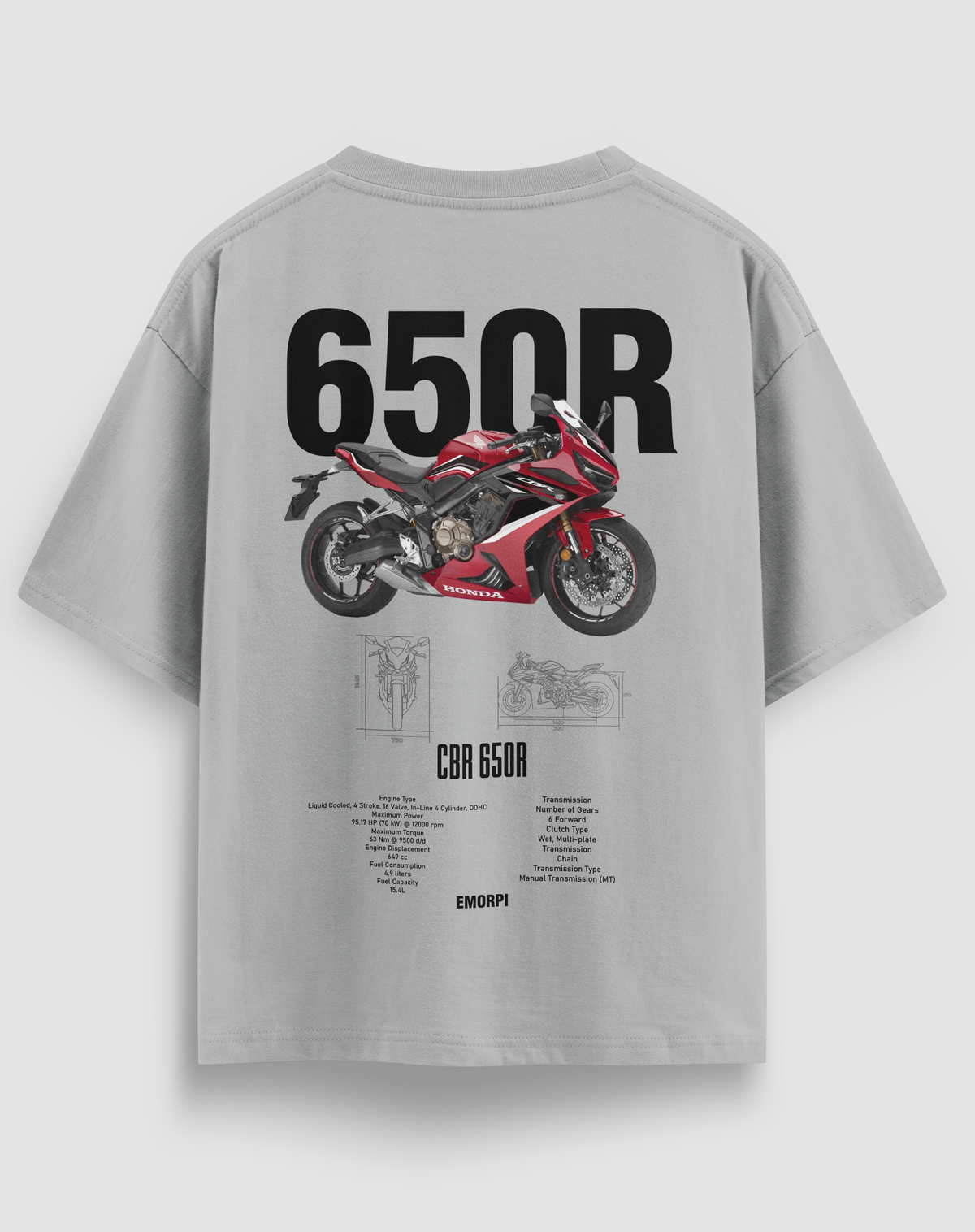 650R baskılı motorcu tişört, gri, arkadan görünüm. Honda CBR650R çizimli sırt baskısı