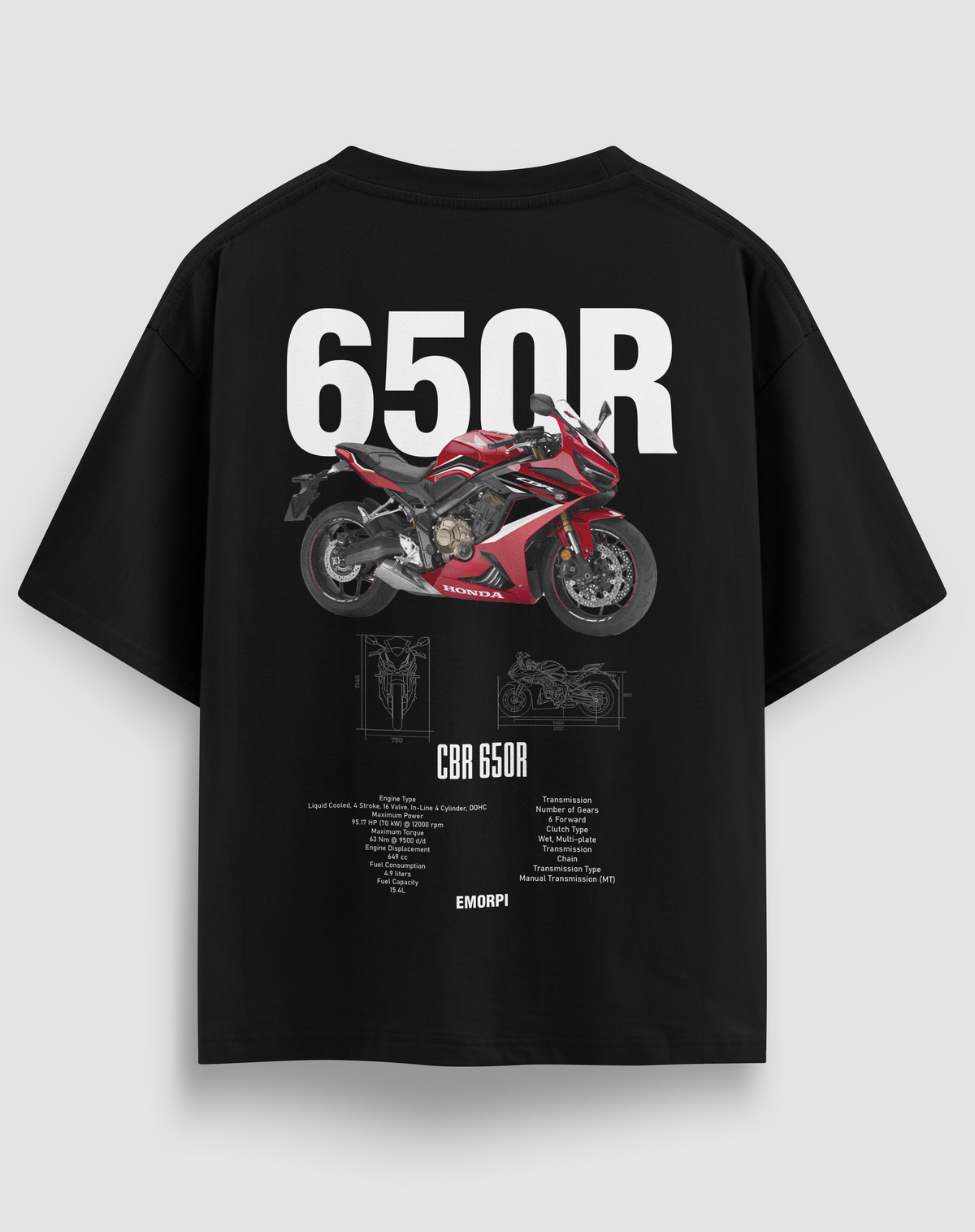 650R baskılı motorcu tişört, siyah, arkadan görünüm. Honda CBR650R çizimli sırt baskısı