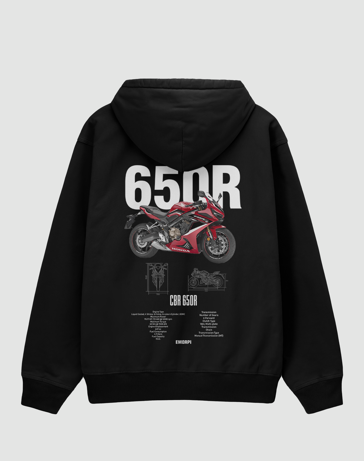 650R baskılı oversize motorcu hoodie, siyah, arkadan görünüm. Honda CBR650R çizimli sırt baskısı