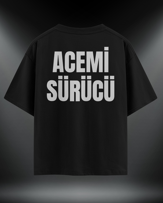 Acemi Sürücü reflektör baskılı motorcu tişört, siyah, sırtta Acemi Sürücü yazısı