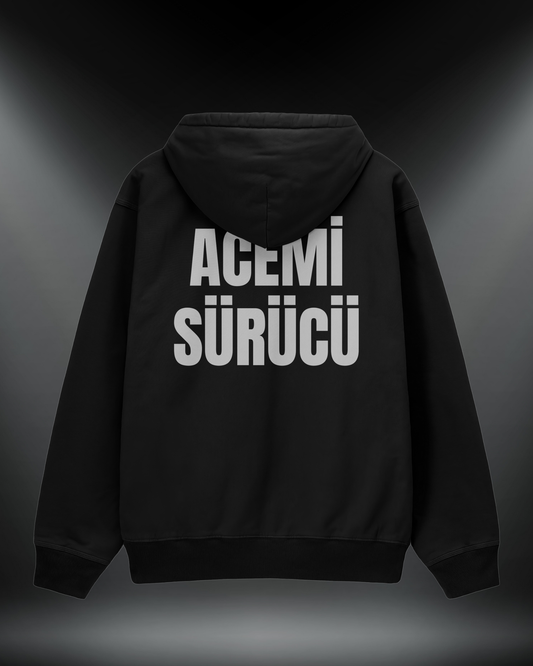 Acemi Sürücü reflektörlü oversize motorcu hoodie, siyah, sırtta Acemi Sürücü yazısı