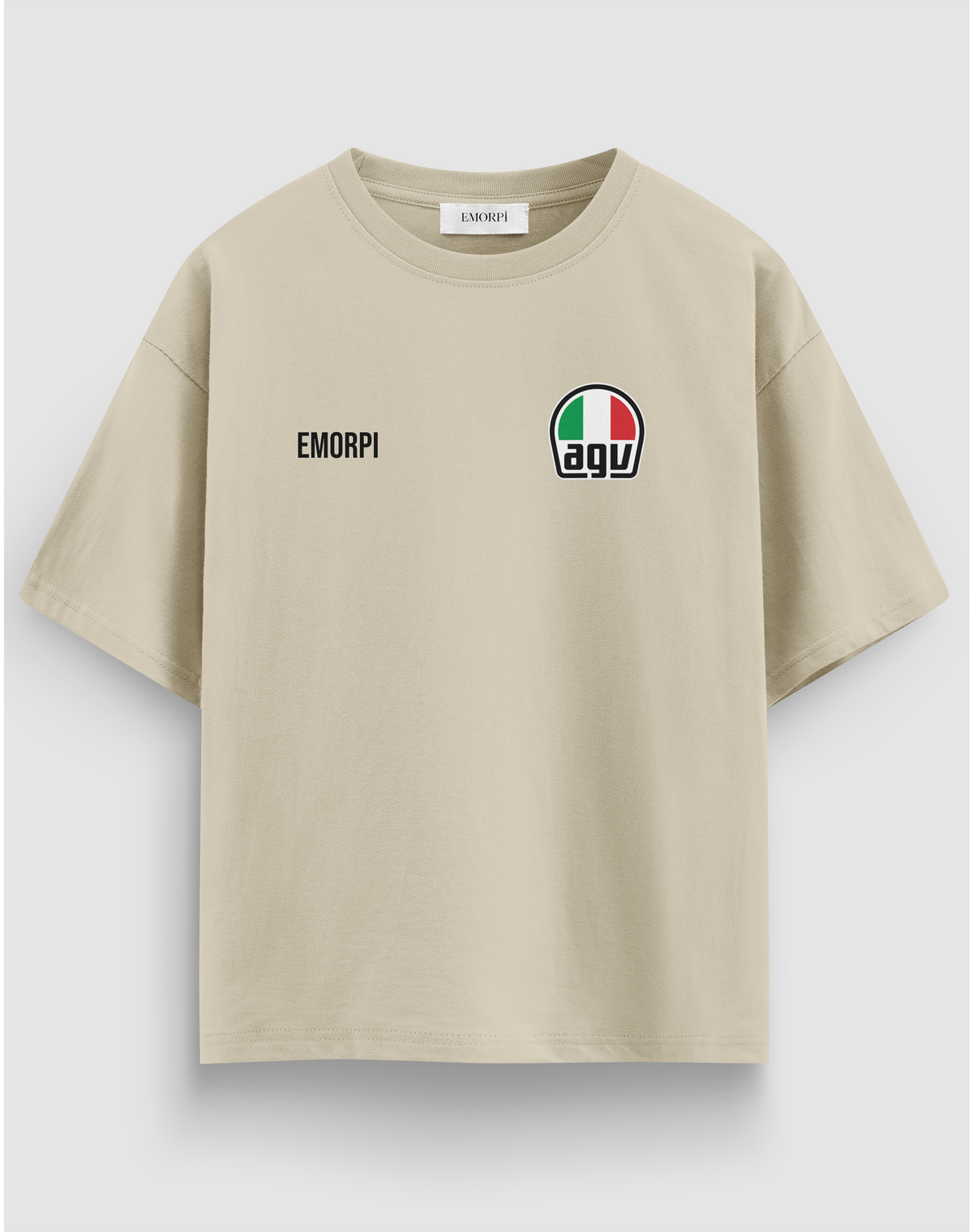 AGV baskılı motorcu tişört, bej, önden görünüm