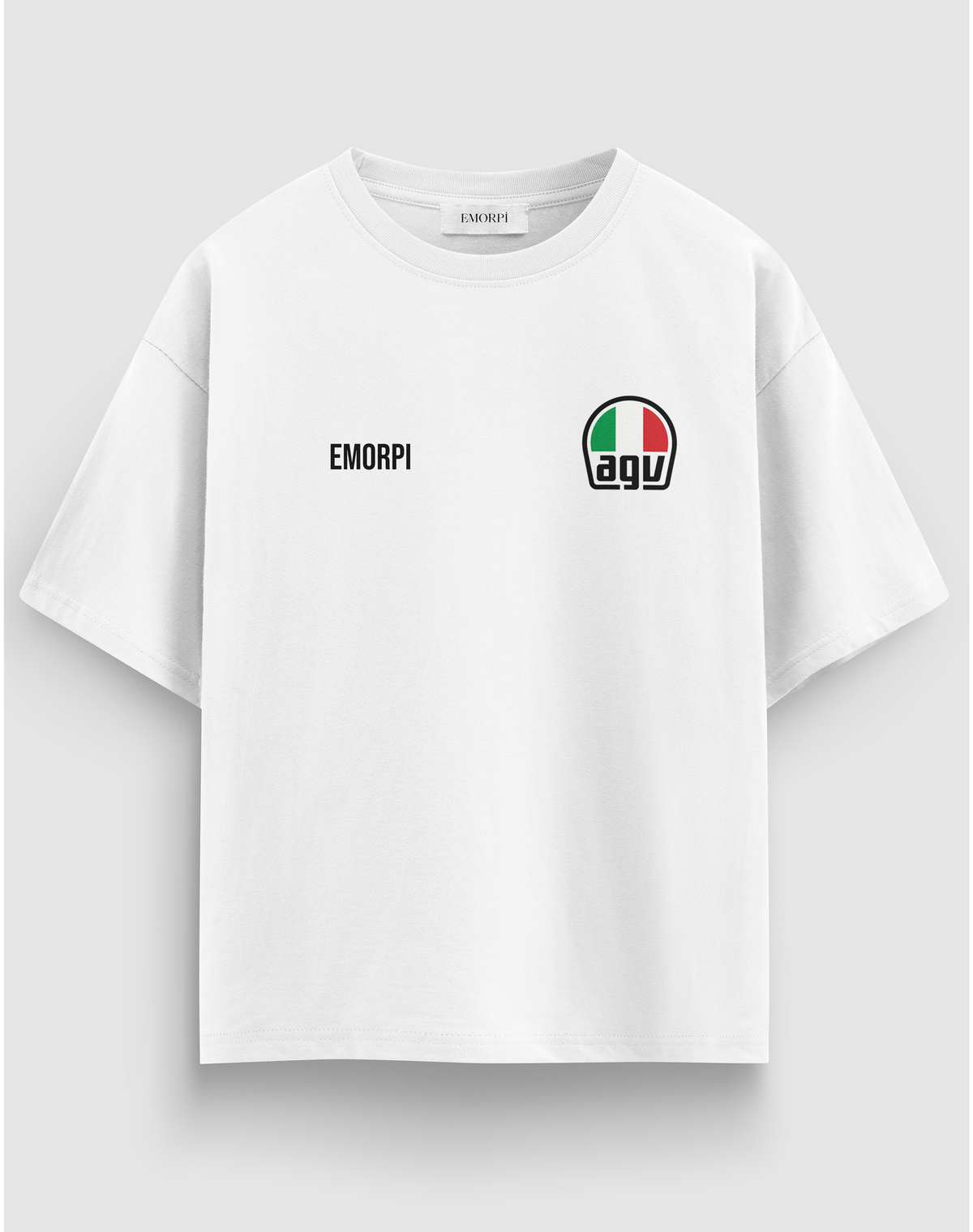 AGV baskılı motorcu tişört, beyaz, önden görünüm