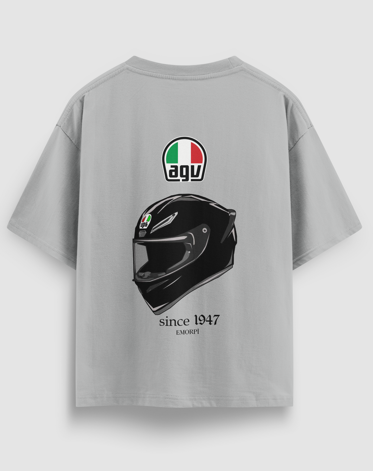 AGV baskılı motorcu tişört, gri, arkadan görünüm. Yarış kaskı çizimli since 1947 sırt baskısı