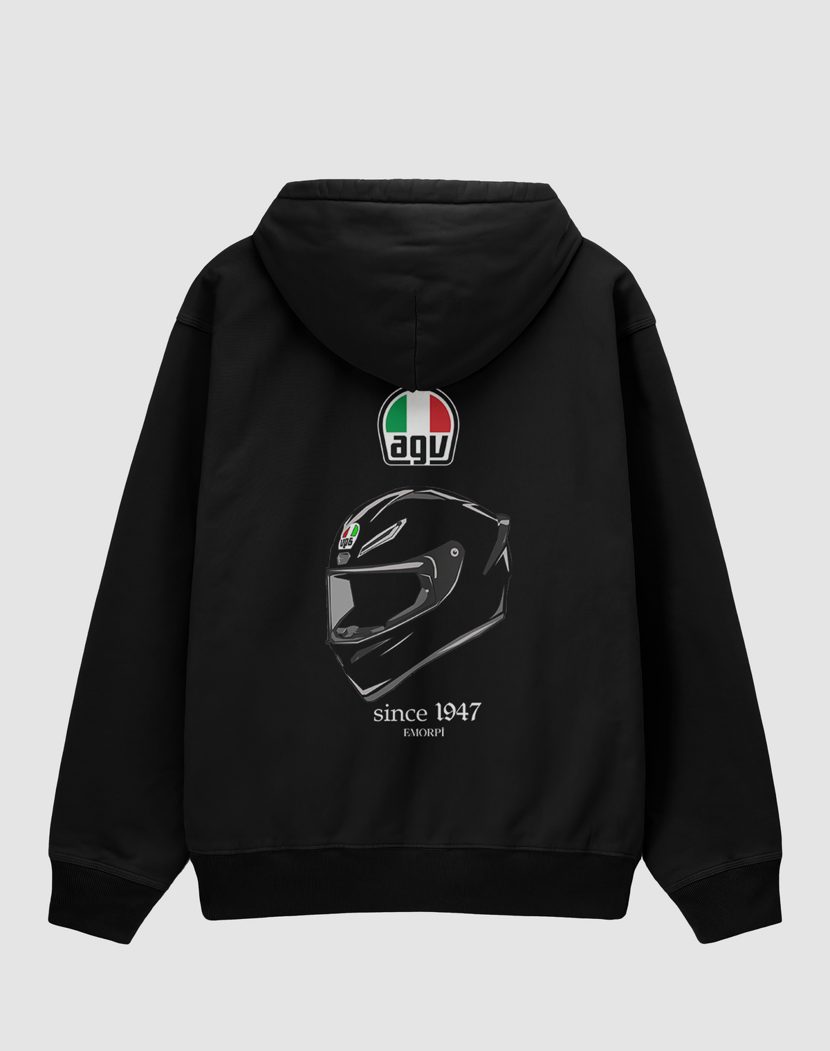 AGV baskılı oversize motorcu hoodie, siyah, arkadan görünüm. Yarış kaskı çizimli since 1947 sırt baskısı, önde bayraklı logo