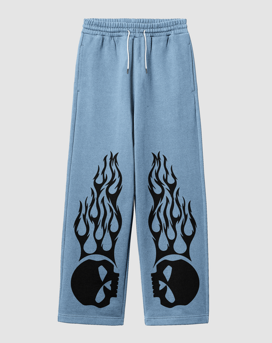 Motorcu Alev Baskılı Açık Mavi Rahat Kalıp Arka Cepli Eşofman Altı