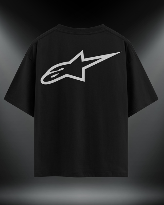 Alpinestar reflektör baskılı motorcu tişört, siyah, sırtta yıldız logo baskısı