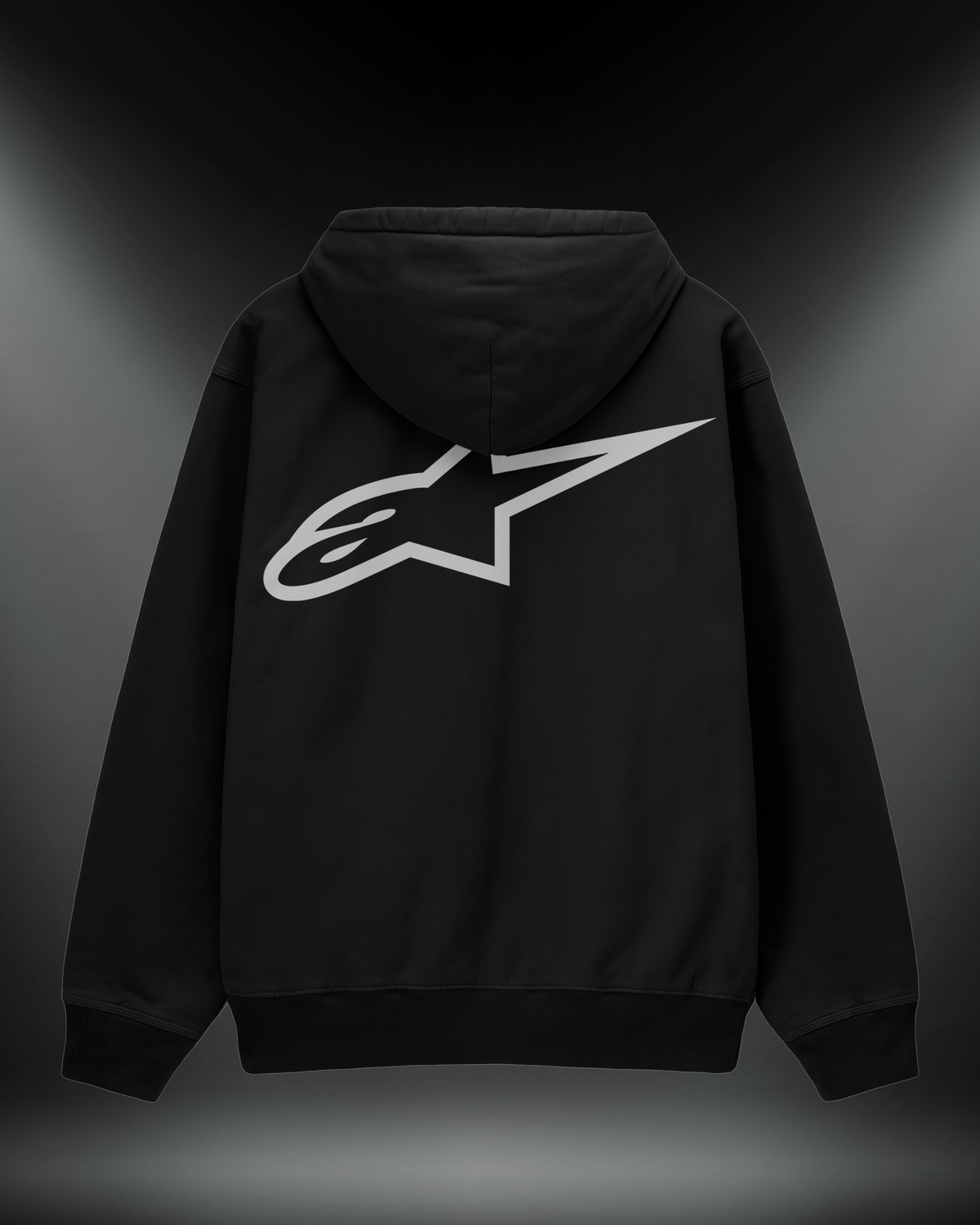 Alpinestar reflektörlü oversize motorcu hoodie, siyah, sırtta yıldız logo baskısı
