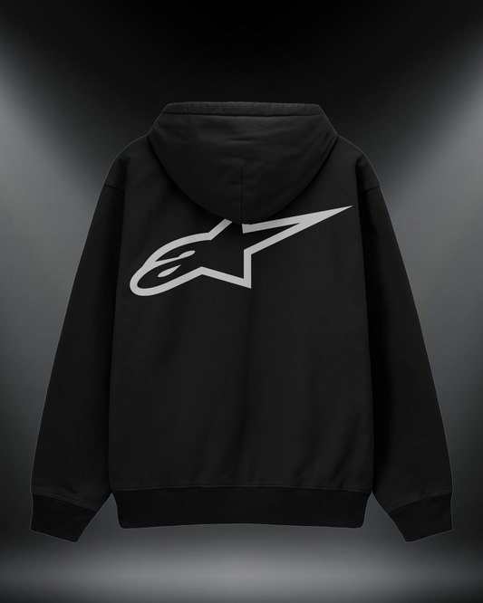 Alpinestar reflektörlü oversize motorcu hoodie, siyah, sırtta yıldız logo baskısı