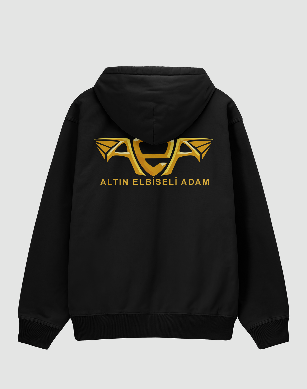 Altın Elbiseli Adam baskılı oversize motorcu hoodie, siyah, arkadan görünüm. Altın renkli kanatlı AEA logosu ve ALTIN ELBİSELİ ADAM yazısı