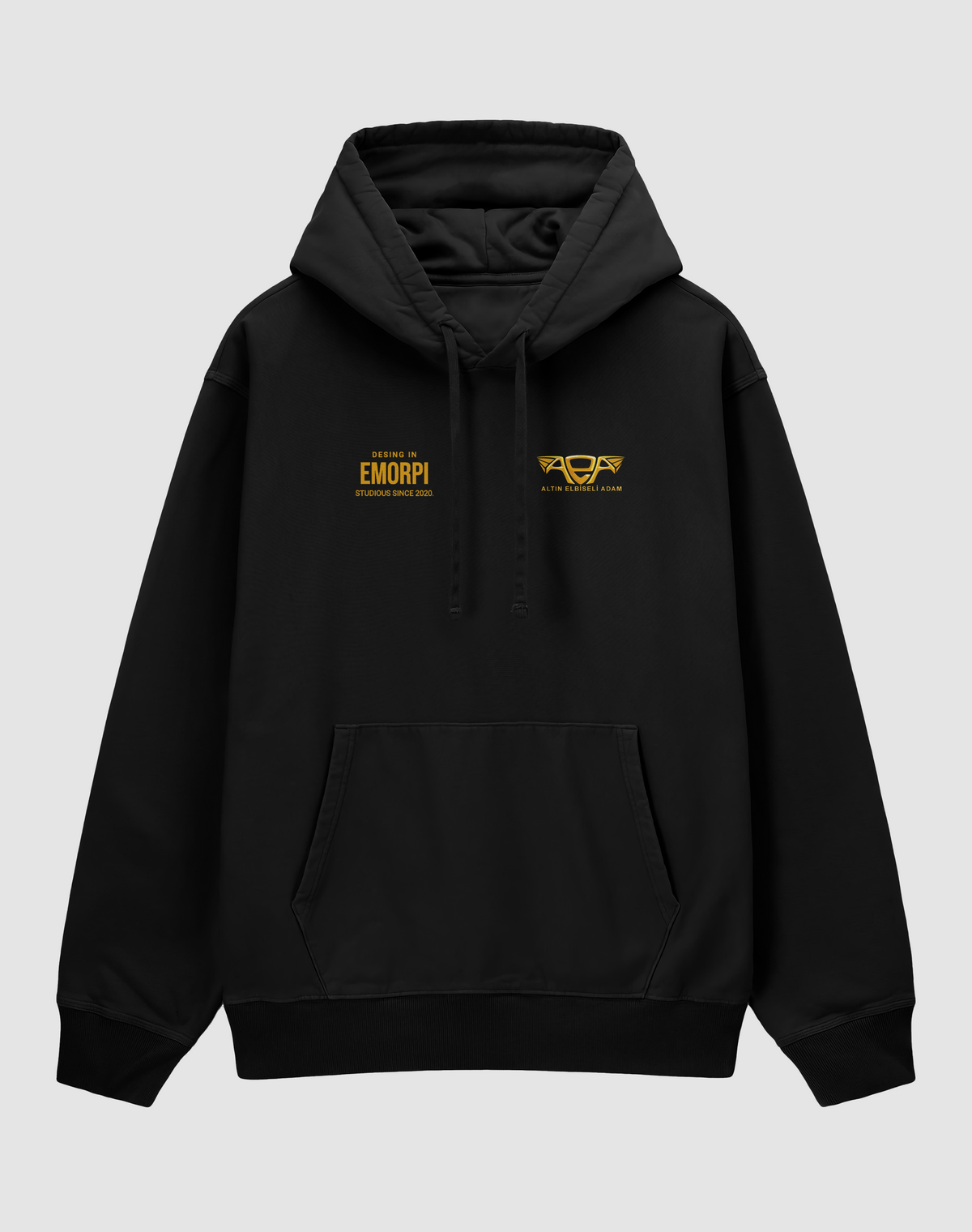 Altın Elbiseli Adam baskılı oversize motorcu hoodie, siyah, önden görünüm