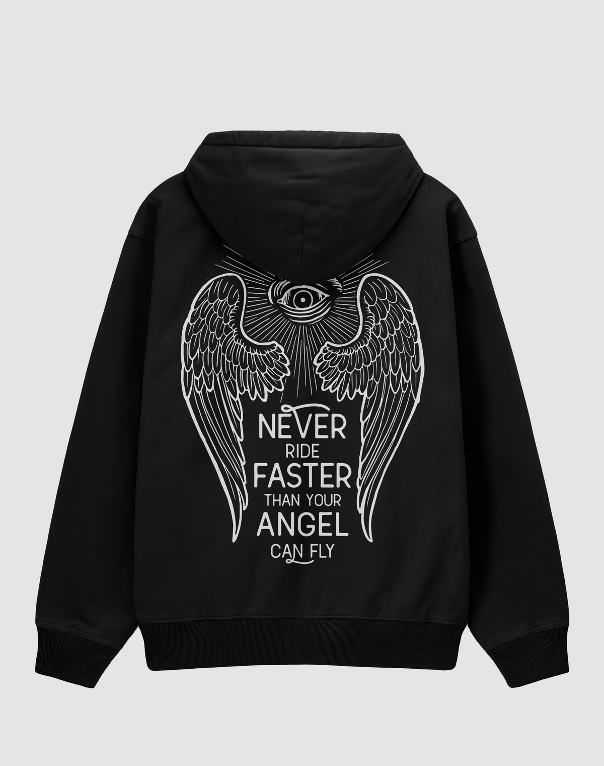 Angel Can Fly baskılı oversize motorcu hoodie, siyah, arkadan görünüm. Melek kanadı ve NEVER RIDE FASTER THAN YOUR ANGEL CAN FLY sırt baskısı