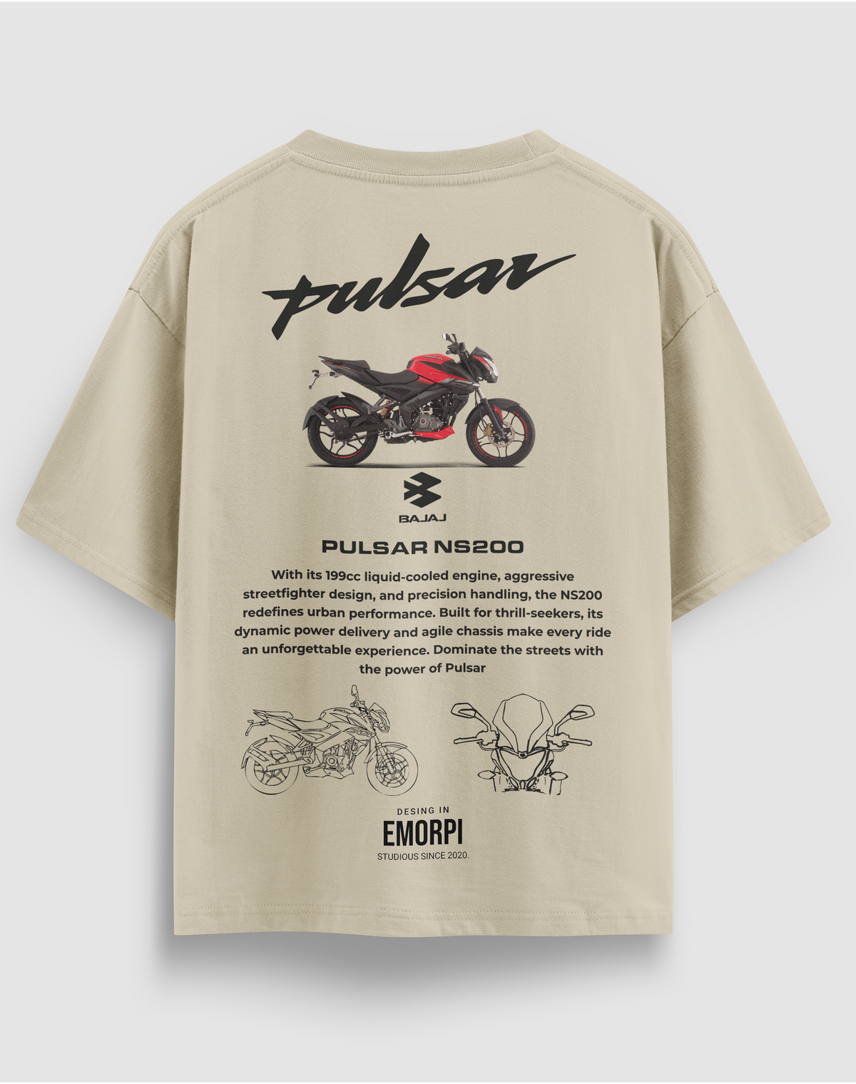 Bajaj Pulsar NS200 baskılı motorcu tişört, bej, arkadan görünüm. Bajaj Pulsar NS200 çizimli sırt baskısı