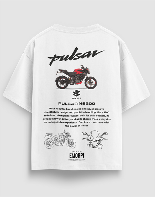 Bajaj Pulsar NS200 baskılı motorcu tişört, beyaz, arkadan görünüm. Bajaj Pulsar NS200 çizimli sırt baskısı