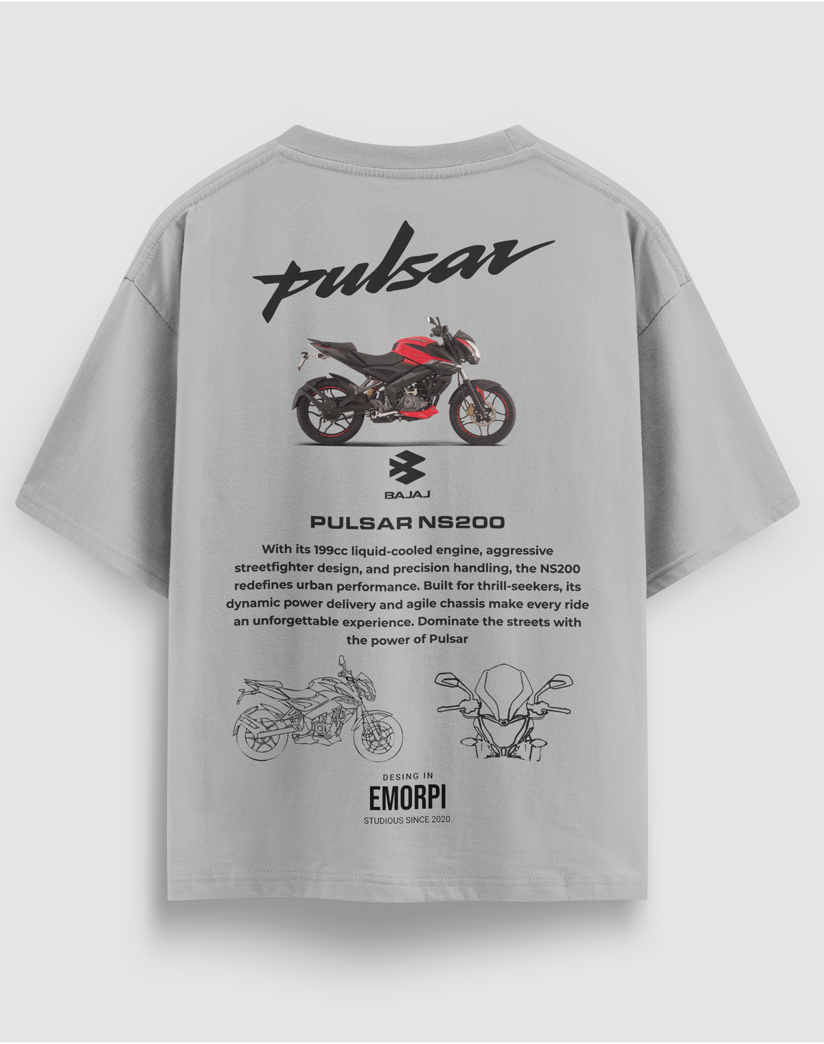 Bajaj Pulsar NS200 baskılı motorcu tişört, gri, arkadan görünüm. Bajaj Pulsar NS200 çizimli sırt baskısı