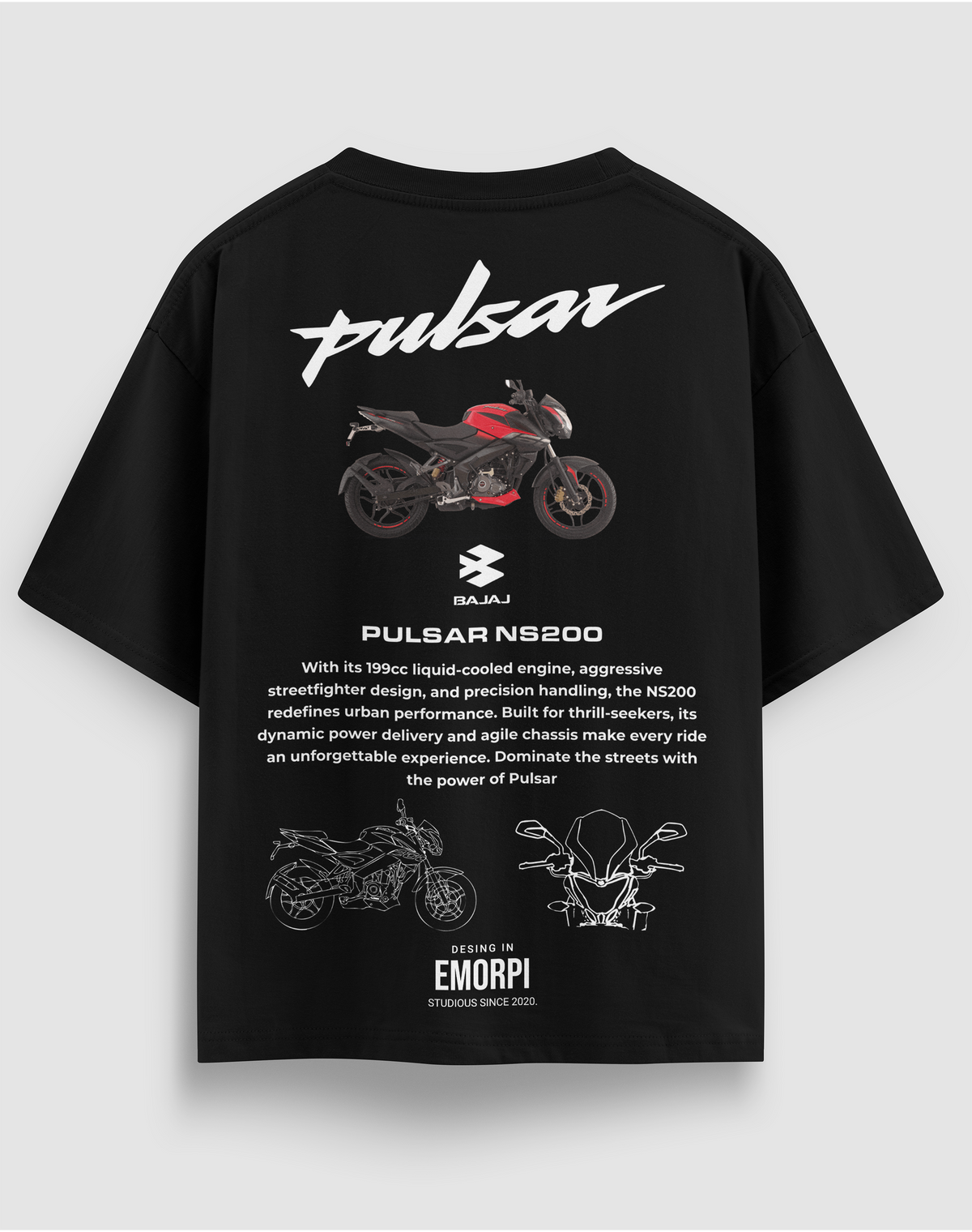 Bajaj Pulsar NS200 baskılı motorcu tişört, siyah, arkadan görünüm. Bajaj Pulsar NS200 çizimli sırt baskısı