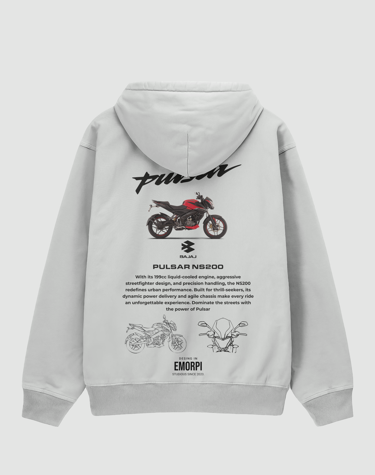 Bajaj Pulsar NS200 baskılı oversize hoodie, beyaz, arkadan görünüm. Bajaj Pulsar NS200 çizimli sırt baskısı