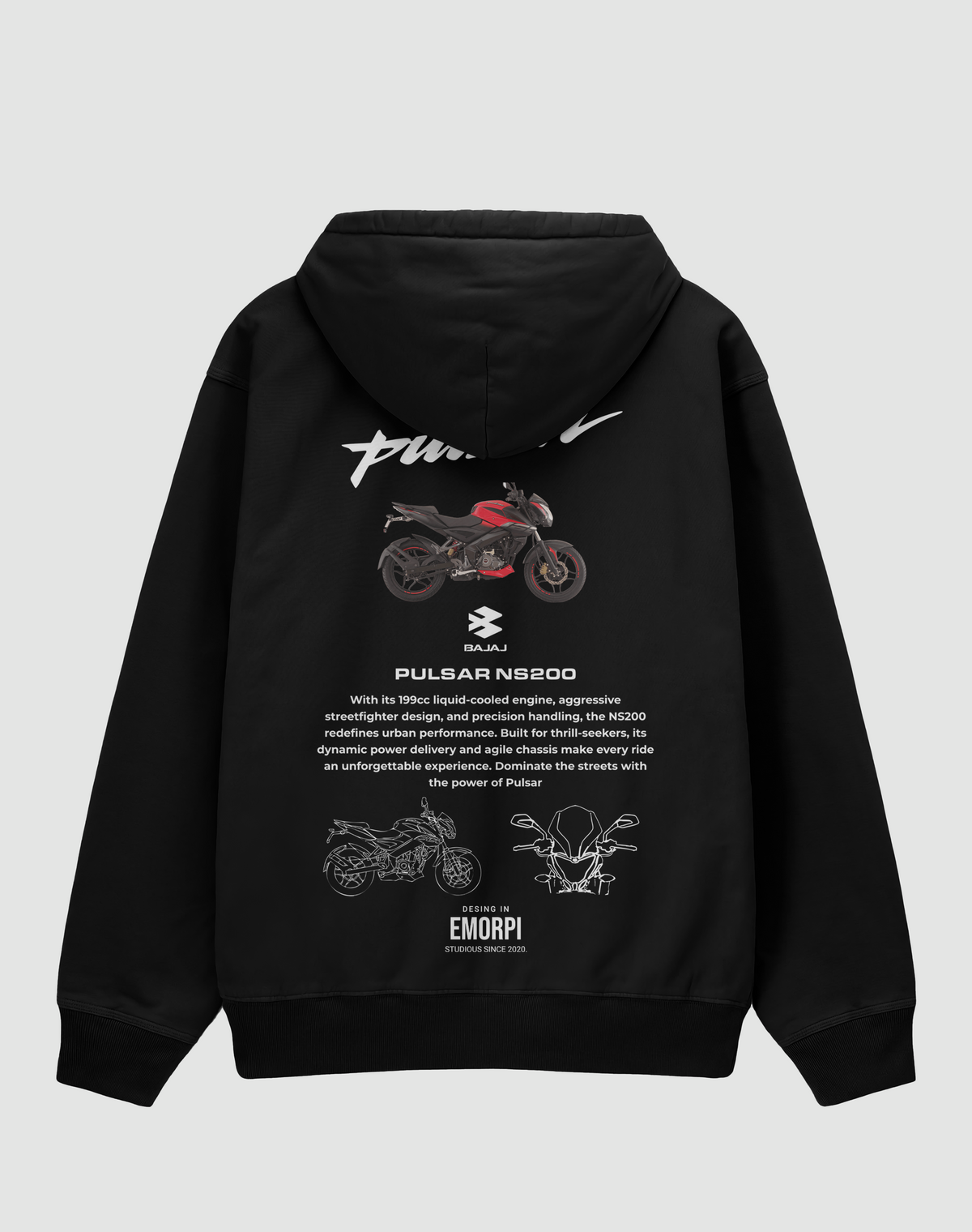 Bajaj Pulsar NS200 baskılı oversize hoodie, siyah, arkadan görünüm. Bajaj Pulsar NS200 çizimli sırt baskısı