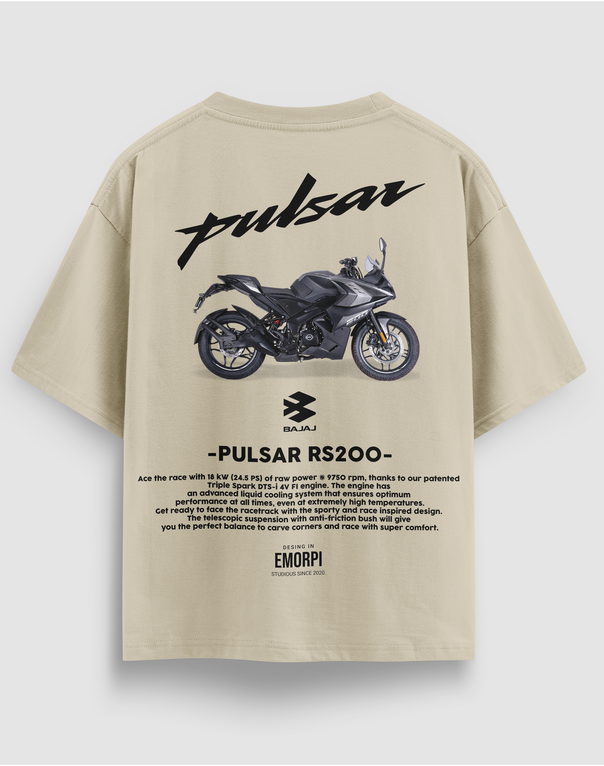 Bajaj Pulsar RS200 baskılı motorcu tişört, bej, arkadan görünüm. Bajaj Pulsar RS200 çizimli sırt baskısı
