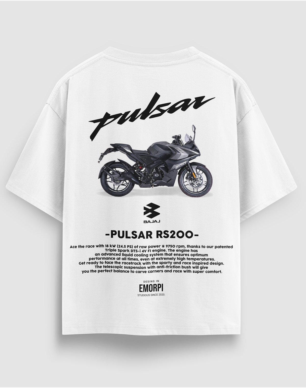 Bajaj Pulsar RS200 baskılı motorcu tişört, beyaz, arkadan görünüm. Bajaj Pulsar RS200 çizimli sırt baskısı