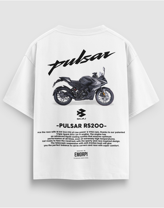 Bajaj Pulsar RS200 baskılı motorcu tişört, beyaz, arkadan görünüm. Bajaj Pulsar RS200 çizimli sırt baskısı