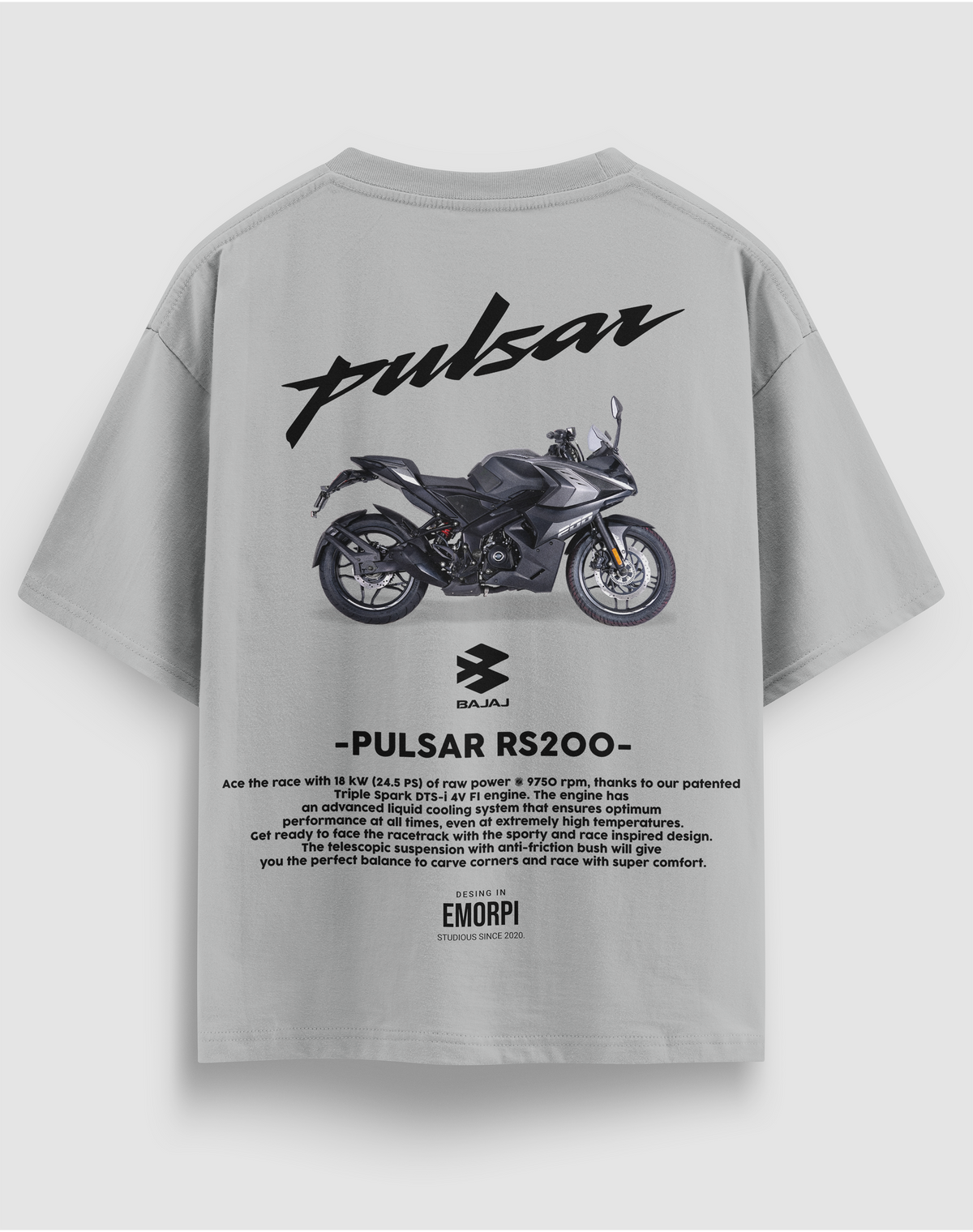 Bajaj Pulsar RS200 baskılı motorcu tişört, gri, arkadan görünüm. Bajaj Pulsar RS200 çizimli sırt baskısı
