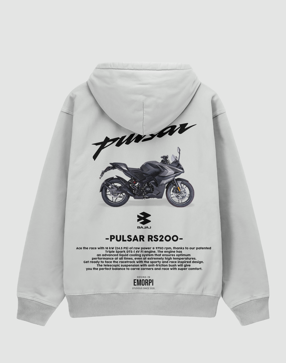 Bajaj Pulsar RS200 baskılı oversize hoodie, beyaz, arkadan görünüm. Bajaj Pulsar RS200 çizimli sırt baskısı