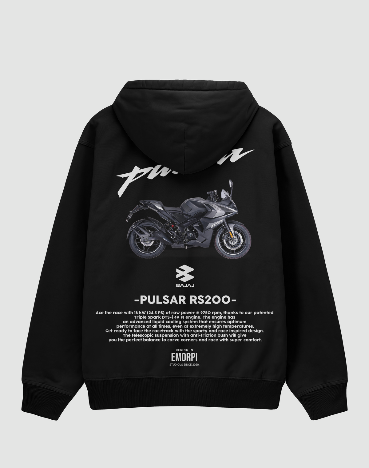 Bajaj Pulsar RS200 baskılı oversize hoodie, siyah, arkadan görünüm. Bajaj Pulsar RS200 çizimli sırt baskısı